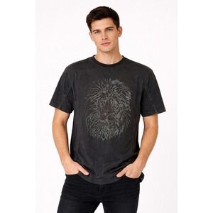 KROME Men's Shirt 2XL Black Short Sleeve Lion Graphic Textured Streetwear Gothic